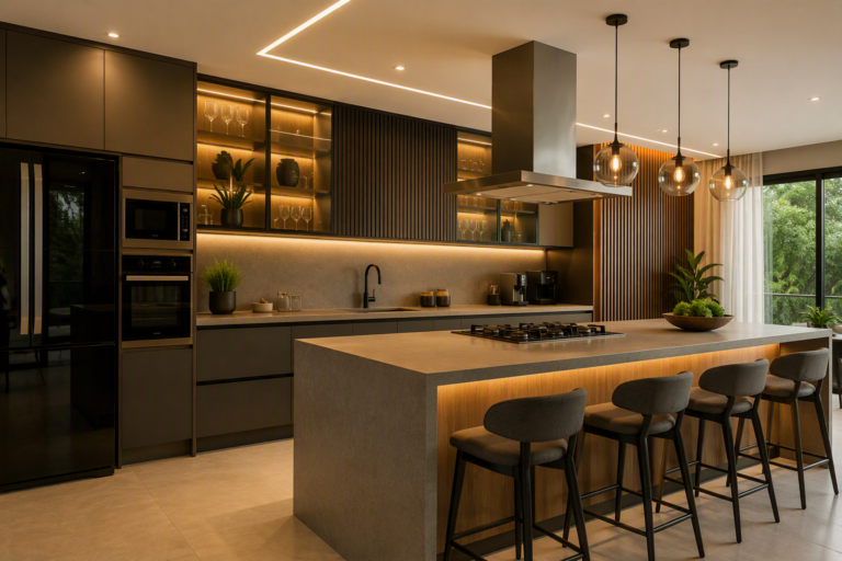 Ambiente integrado planejado sob medida com sala de estar, sala de jantar e cozinha gourmet, criado para valorizar espaços com design moderno e funcionalidade.