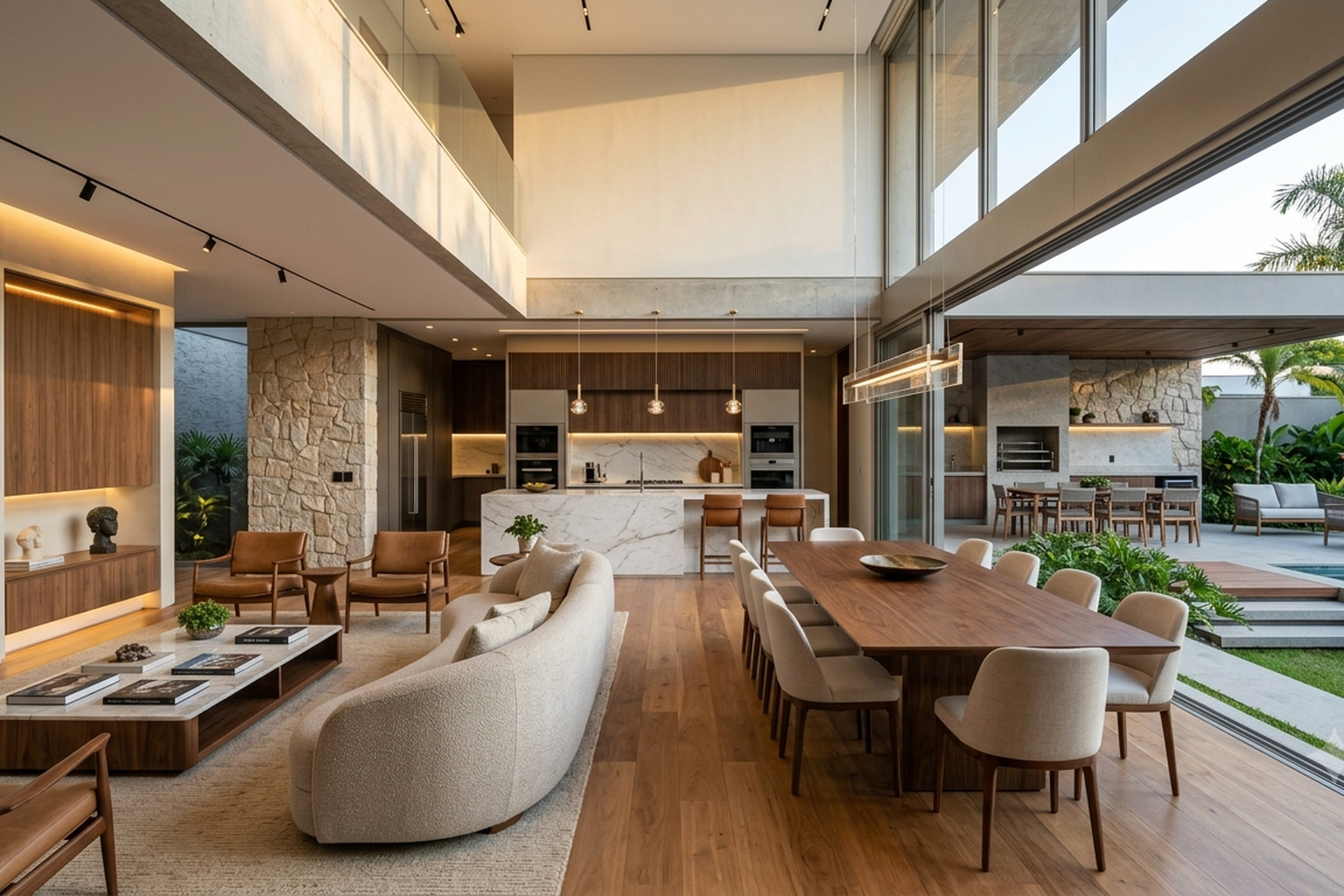 Ambiente integrado com sala de estar, jantar e cozinha planejada sob medida, unindo design moderno, funcionalidade e exclusividade em cada detalhe.